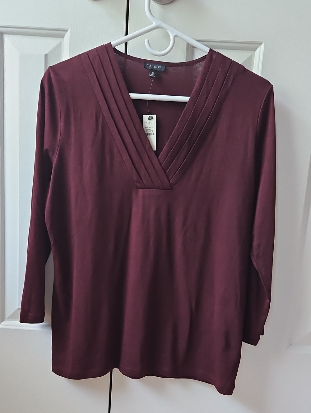Talbots Women's Burgundy Pleated V-Neck Long Sleeve Top